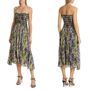 MARIA CHER Areco Selva Smocked Midi Dress - Floral Metallic Mix - Small - As Is